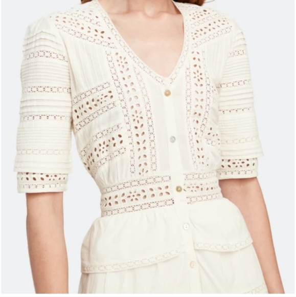 LoveShackFancy Rebecca Eyelet Lace Embroidered Tiered Button Front Midi Dress - Picture 3 of 13